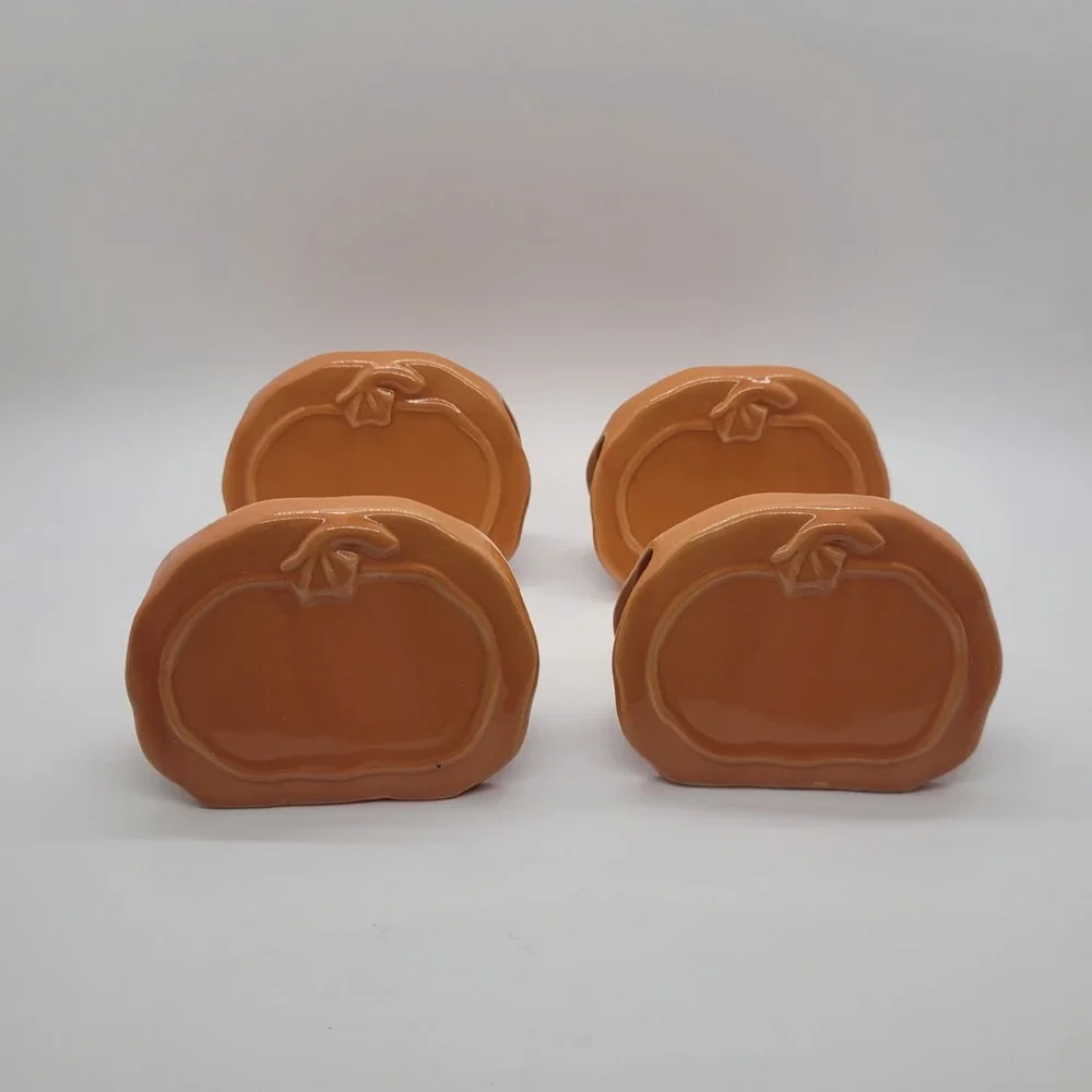 Set of 4 Orange Ceramic Pumpkin Napkin or Place Holders Fall Thanksgiving Decor